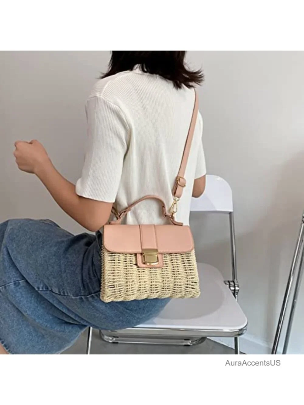 Small Straw Crossbody Bag Rattan Woven Top Handle Handbag Envelope Purse